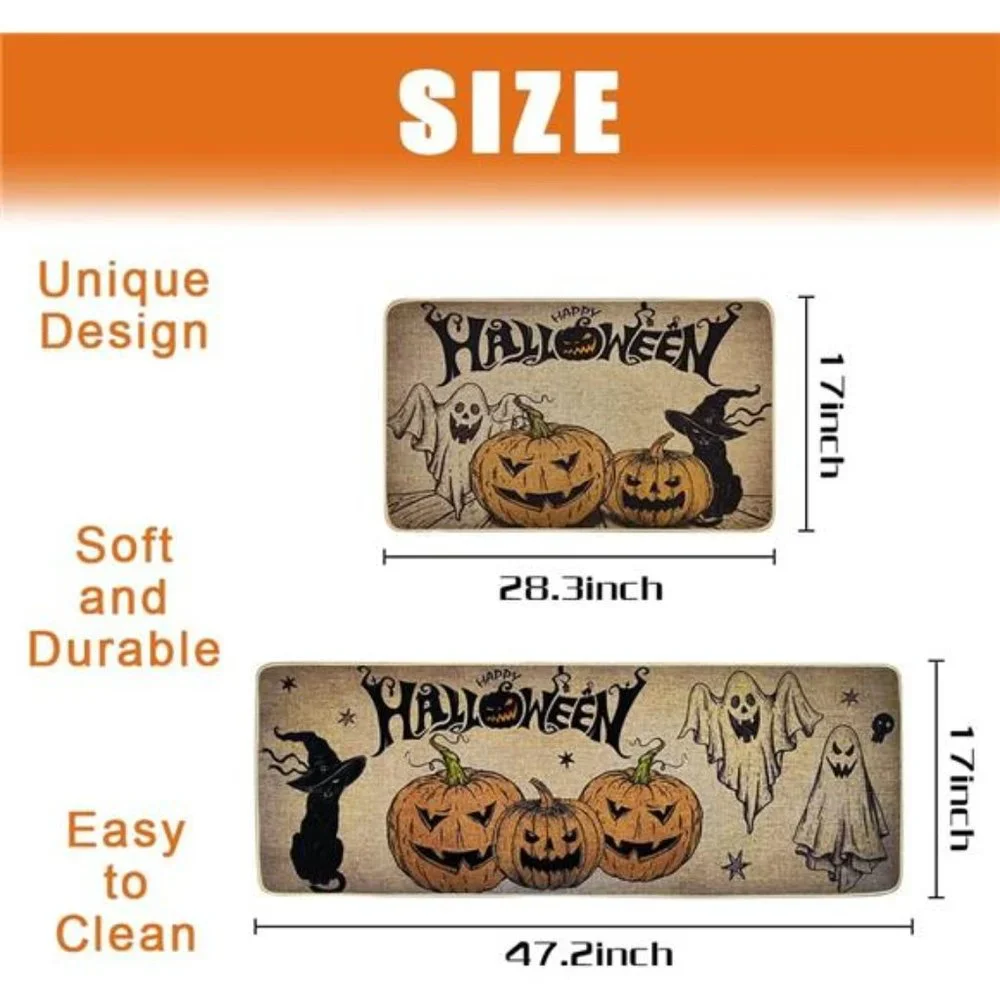 Set of 2; Halloween Decorative Kitchen Mats - Cute Pumpkin Ghost Cat Decor Rug